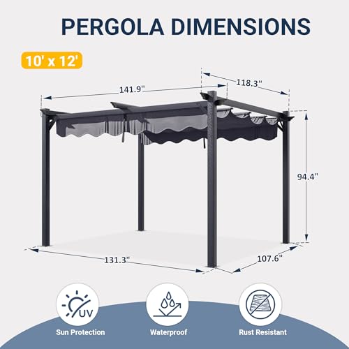 Polar Aurora 10'x12' Outdoor Pergola with Retractable Canopy, Patio Metal Heavy-Duty Gazebo Shelter for Backyard, Deck, Garden