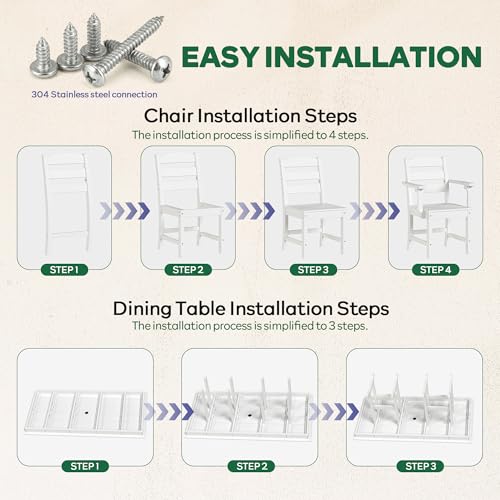 HOPUBUY 7 Pieces Patio Dining Set for 6, 71" HDPE All-Weather Patio Table and Chairs Set with Umbrella Hole, Durable Outdoor Furniture Set for Garden, Backyard, Lawn & Poolside (White)