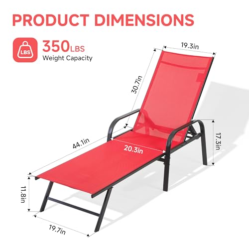 DUMOS Outdoor Lounge Chaise Set of 2 for Poolside Patio, 5-Position Chaise with Armrest, Sun Tanning Chair 350 lbs Heavy Duty Patio Pool Chair, Waterproof Lounge for Deck,Backyard, Beach, Red