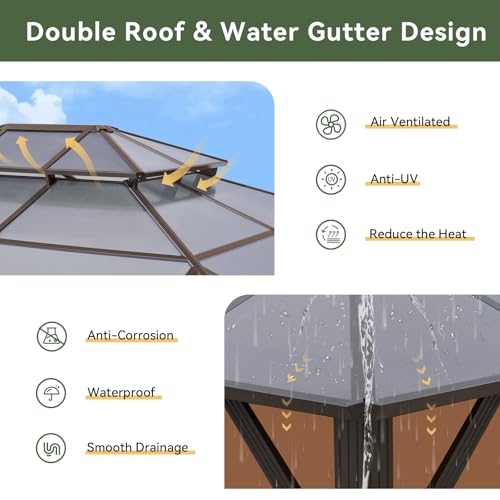 Aoxun 12'x10' Hardtop Gazebo, Aluminum Frame Permanent Pavilion with Curtains and Netting, Outdoor Polycarbonate Double Roof Canopy, Designed for Garden, Lawns, Patio, Brown