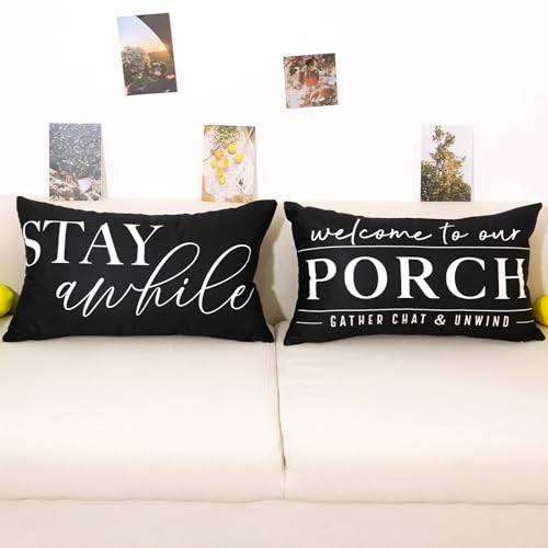 TAJWE Outdoor Pillow Covers Waterproof 12x20 Set of 2 Black and White Decorative Welcome to Our Porch Stay Awhile Cushion Cases for Patio Furniture Sofa Couch Decor