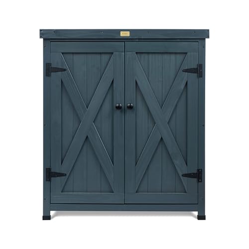 HABAU Outdoor Storage Cabinets Weatherproof for Patio, Garden Work Bench with Shelves & Metal Tabletop, Wooden Potting Table Workstation