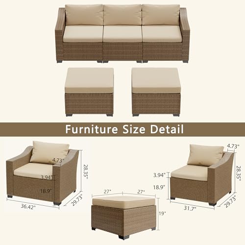 LHBcraft Patio Conversation Set Rattan Outdoor Sectional Furniture Sofa Set Wicker Couch with Coffee Table and Cushions for Poolside, Backyard (Yellow-Beige, 5-PCS)