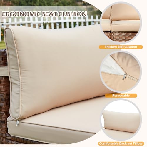ECOTOUGE Outdoor Patio Furniture Set, 7-Piece Half-Moon All-Weather Wicker Curved Outdoor Sofa, Rattan Conversation Set with Storage Table, Fit for Pool, Backyard, Balcony, Garden(Brown&Beige)