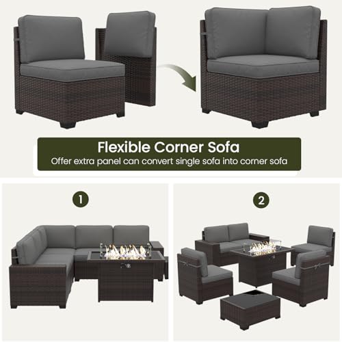 LayinSun 13 Pieces Outdoor Patio Furniture Set with 44" Fire Pit Table Brown Rattan Sectional Sofa Conversation Sets