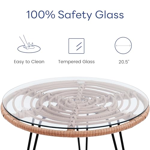 KROFEM 3 Piece Wicker Patio Bistro Furniture Set, Includes 2 Rattan Chairs and Glass Top Table, Ideal for Porch, Outdoor, Backyard, Apartment, Balcony, Natural