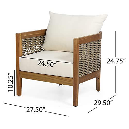 Christopher Knight Home Burchett Outdoor Acacia Wood Club Chair with Cushions, Lounge Chair for Patio Backyard, Stylish Garden Seating, Open Slat Design, PE Rattan Weaving, Brown+Beige