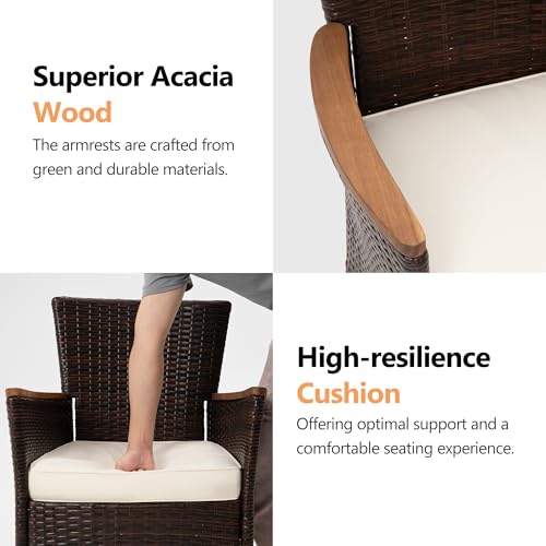 FansaFurn 5 Piece Patio Wicker Dining Sets for 4, Water-Resistant Rattan Outdoor Dining Table and 4 Chairs with Wood Table Top, Conversation Set for Deck, Garden, Backyard, Removable Cushions, Brown