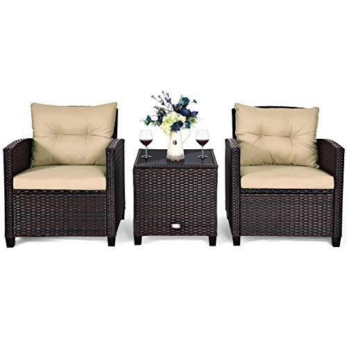 COSTWAY 3PCS Patio Furniture Set, PE Rattan Wicker Sofa w/Washable Cushion and Coffee Table, Tempered Glass Tabletop, Outdoor Conversation Set for Balcony, Porch, Yard, Backyard, Lawn, Beige
