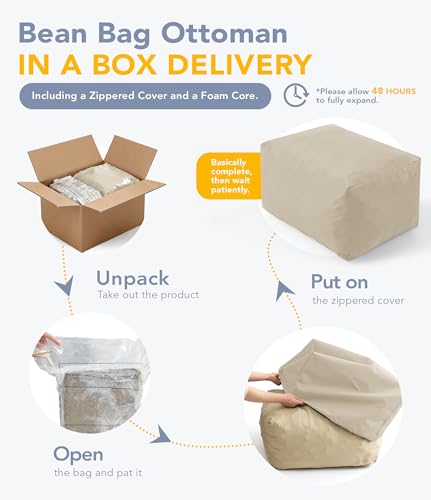 TopNaps Outdoor Patio Bean Bag Ottoman - Small Beanbag Foot Rest Pouf Rectangular with Shredded Foam Filling, Splash-Proof Detachable Zipper Cover for Relaxing, Beige