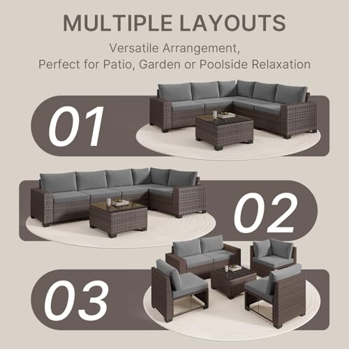 Gizoon 6-Piece Outdoor Patio Furniture Set, PE Wicker Rattan Sectional Sofa Conversation Set with Thickened Cushions and Coffee Table, All-Weather Patio Furniture for Garden, Backyard, Poolside, Grey