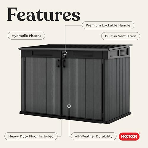 Keter Cortina Mega All‑Weather Outdoor Resin Horizontal Storage Shed with Lockable Doors, Garbage Bin & Yard Equipment Storage, Durable Patio Storage Cabinet, Graphite
