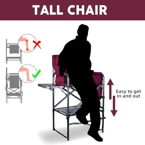 Foristrail 30" Tall Directors Chair with Side Table, 400LBS Bar Height Folding Camping Chair for Makeup Artists, Outdoor Events, Portable Foldable Chair with Cup Holder & footrest - Wine Red/Black