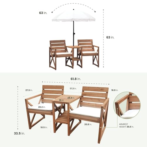 Hanover 33.5" x 27.5" Wood Outdoor Conversation Set with Two Seats, Table, and Umbrella