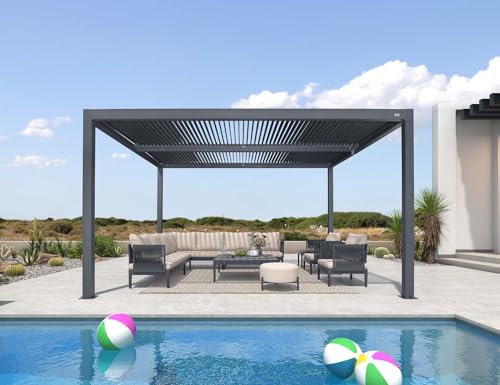 PURPLE LEAF Louvered Pergola 94AS 12' x 14' Outdoor Aluminum Pergola with Shade Screen Adjustable Roof for Deck Backyard Grey Hardtop Gazebo, 1 Long Side and 2 Short Sides