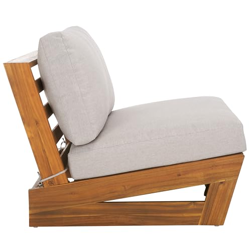 SAFAVIEH Outdoor - Lynn Lounge Chair Set of 2 - Natural & Light Grey - Solid Wood with Cushion - Modern Slatted Lounge Design - Ideal for Patio, Deck, Poolside, Backyard (PAT7328B-SET2)