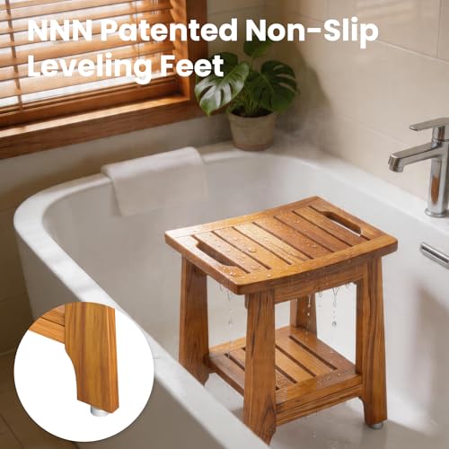 14" Compact Teak Shower Stool with Shelf & Handle - Waterproof, Non-Slip Bath Bench for Small Bathrooms/Tub/Outdoor Use, 300 lbs Capacity (Patented)