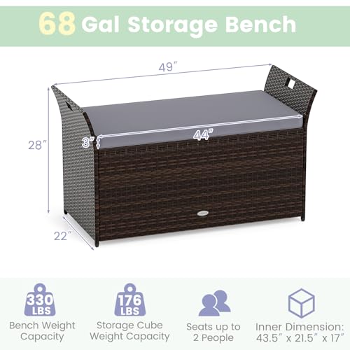 RELAX4LIFE Wicker Outdoor Storage Bench - 68 Gallon Rattan Deck Box w/Side Handles & Soft Cushion for Pillows, Garden Tools, Pool Accessories, Sports Equipment, Patio Bench with Storage for Porch