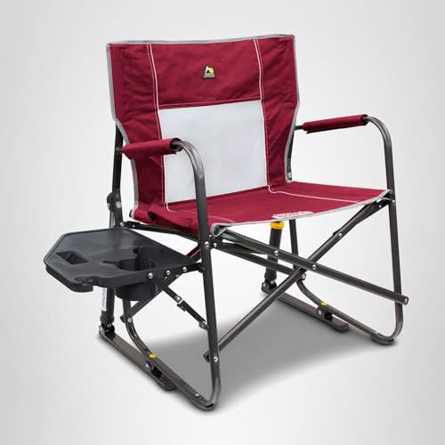GCI OUTDOOR Freestyle Rocker XL with Side Table Camping Chair | Portable Folding Rocking Chair with Solid, Durable Armrests, Drink Holder & Comfortable Backrest — Red