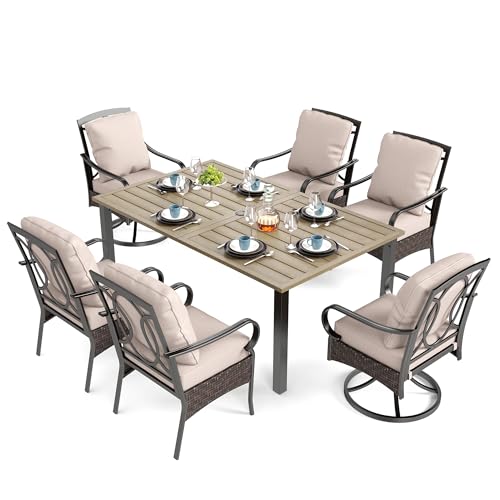SUNSHINE VALLEY 7 Piece Patio Dining Sets for 6, Outdoor Table and Chairs with Cushioned Wicker Swivel & Leg Patio Dining Chairs & Wood-Like Dining Table, Outdoor Dining Sets for Lawn Garden Backyard