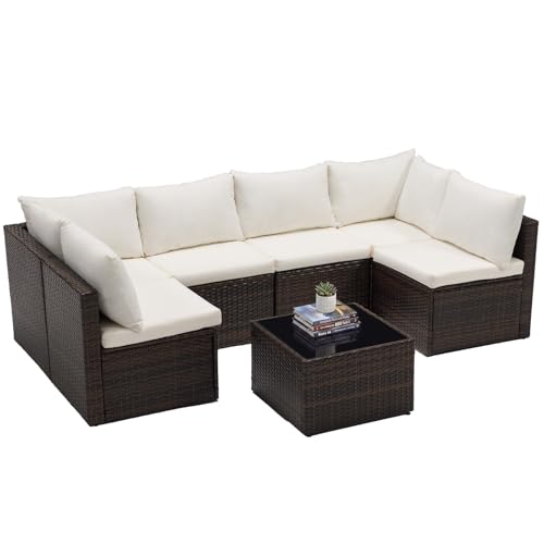 Sweetcrispy 7-Piece Outdoor Patio Sectional Sofa, Modular PE Wicker Outdoor Sectional with Thick Cushions, Rattan Patio Sofa Set with Coffee Table for Backyard, Poolside, Garden, Deck, Brown