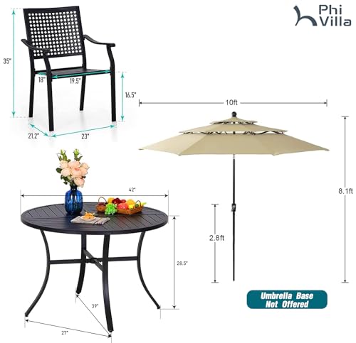 PHI VILLA 5 Pieces Outdoor Dining Set for 4 with Umbrella, 42" Large Round Metal Steel Table & Stackable Iron Chairs with Cushions & 10ft Beige Umbrella, Modern Furniture for Patio, Deck, Yard, Porch