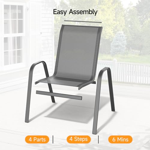 ONBRILL Patio Chairs set of 4, Easy Assembly Stackable Outdoor Dining Chairs with Wide Seat and Sturdy Metal Frame, Breathable All Weather Textilene Outdoor Chairs Set of 4 for Deck, Pool, Porch, Grey