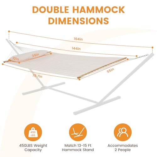 Lazy Daze Hammocks 12 FT Double Quilted Fabric Hammock with Spreader Bar and Detachable Pillow, 2 Person Hammock for Outdoor Patio Backyard Poolside, 450lbs Weight Capacity, Natural
