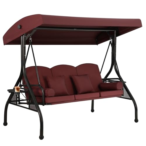 3 Seat Outdoor Porch Swing with Adjustable Canopy,2 in 1 Patio Swing Bed with Stand 800lbs for Adults,Outdoor Swing with Removable Cushion, Cup Holder ＆4 Pillow for Backyard, Porch, Garden，Red