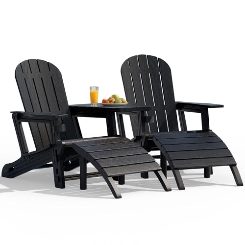 Vongrasig Adirondack Chairs Set of 2 with Removable Tabletop and Footrest, HDPE Plastic Outdoor Chair Set with Wooden Textured, Cup Holder for Patio, Poolside, Garden, Black, 5 Pieces