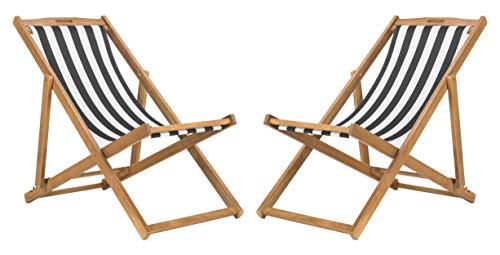 SAFAVIEH Outdoor - Loren Folding Sling Chair Set of 2 - Brown & Black Stripe - Solid Wood - Portable Bistro Design - Ideal for Patio, Deck, Poolside, Backyard, 24" W x 43" D x 25" H (PAT7040C-SET2)