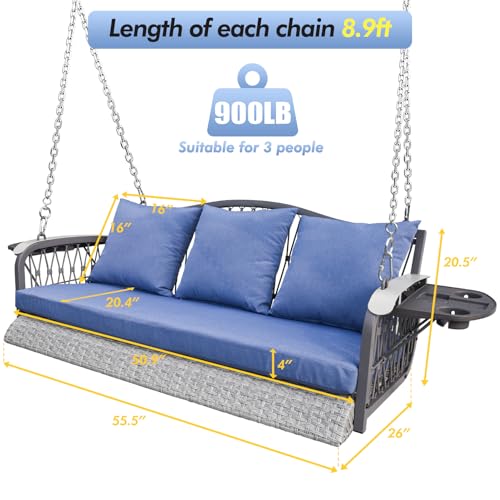 ZZW Wicker Porch Swing Heavy Duty 900 LBS 3-Seat Outdoor Patio Swing Chair with Cushions & 8.9ft Chains Outdoor Hanging Bench with Upgraded Cup Holders for Garden Deck Backyard