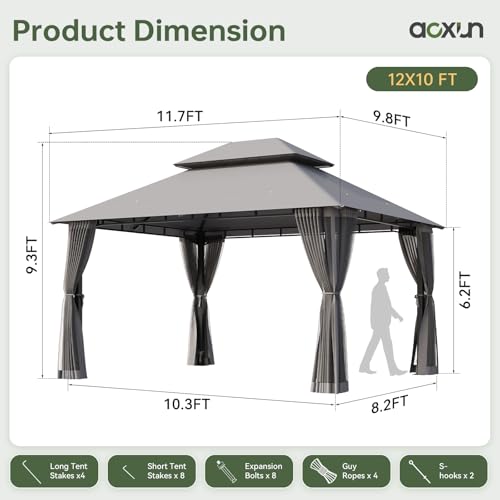Aoxun 12x10 Gazebo with Double Roof & Mosquito Netting Outdoor Heavy-Duty Party Tent, Patio Tent with Zipper Screens - Backyard Garden Lawn Shelter Includes Wind Ropes Expansion Bolts, Gray