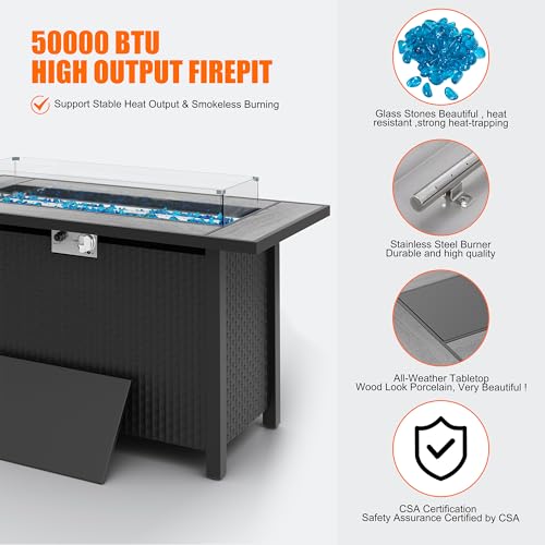 45 inch Outdoor Propane Fire Pit 50,000 BTU Gas Fire Pit Table with Lid, Glass Wind Guard, Waterproof Cover, Rectangle Gas Firepit Table for Garden/Patio, CSA Certification