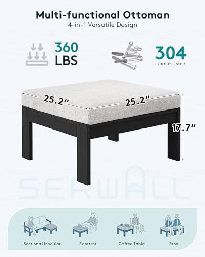 SERWALL Outdoor Ottoman with Cushions for Sofa Set, Black HDPE Frame with Beige Cushions