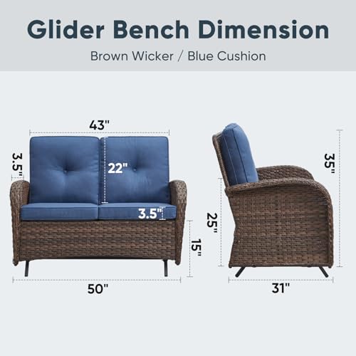 Belord Outdoor Glider Bench Patio Loveseat - 500 Lbs Weight Capacity 2 Seater Wicker Sofa, Small Porch Glider Furniture All Weather Rattan Couch with Removble Cushion for Balcony Deck Backyard, Brown