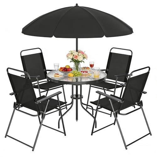 Shintenchi 6 Piece Outdoor Patio Furniture Set, Small Outdoor Patio Dining Table and Chairs Set, Outdoor Seating with Umbrella for Backyard, Balcony, Front Porch, Onyx