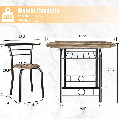 JUMMICO 3-Piece Wooden Round Table & Chair Set, Space Saving Kitchen Breakfast Nook Wood Grain Tabletop with Metal Frame and Built-in Wine Rack for Kitchen, Dining Room (Walnut/Black)