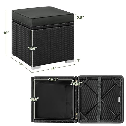 Yaheetech Wicker Ottomans, Set of 2 Patio PE Rattan Side Tables with Hidden Storage & Removable Cushion, Outdoor/Indoor Footstools, Additional Seating for Garden/Balcony/Yard, Black/Gray