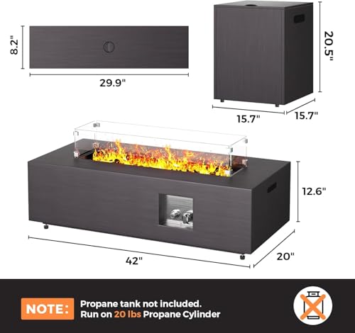 Jocoevol 42in Fire Pit Table Propane Fire Pit 2 Piece Rectangular Gas Fire Pits 50,000 BTU with Wind Guard Propane Tank Cover Table Lava Rocks for Outdoor Outside Patio