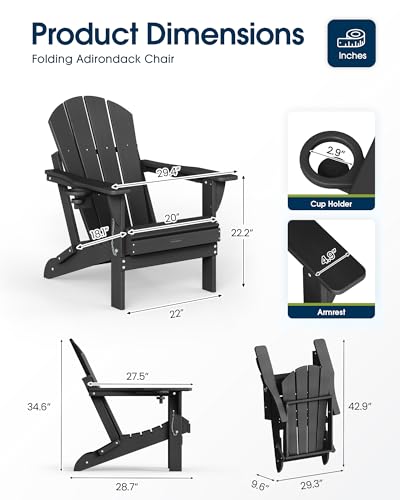 MUCHENGHY Folding Adirondack Chairs Patio Chairs Outdoor Adirondack Chair Weather Resistant Chair for Patio, Outside, Deck, Backyard, Fire Pit Chair, Campfire Chairs (Black)