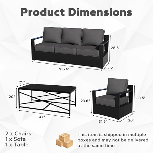 Qsoer Outdoor Aluminum Furniture Set, 4-Piece Patio Conversation Set, 2 Chairs, 1 Sofa and 1 Table, All-Weather Metal Frame, 6" Thick Removable Cushions, Deep Setting for Garden, Poolside and Porch