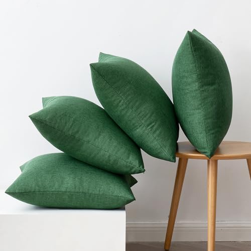 MIULEE Pack of 4 Decorative Outdoor Throw Pillow Covers Linen Waterproof Pillow Covers Summer Farmhouse Cushion Cases for Patio Garden Tent Balcony Couch Sofa 18x18 Inch Dark Green