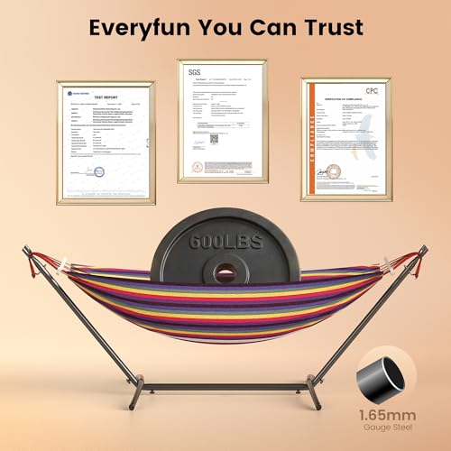 EveryFun Double Hammock with Heavy-Duty Steel Stand,Portable,Easy Assembly,600lbs Weight Capacity,Perfect for Indoor,Yard,Camping,or Outdoor-Rainbow