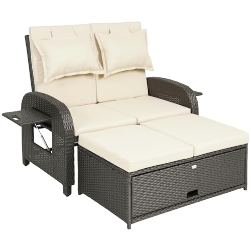 Outsunny Patio Rattan Daybed, Wicker Outdoor Daybed with Storage Ottoman, Loveseat Sofa with Adjustable Backrest, Side Tables, Cushions, Headrests, Double Sunbed Lounger for Balcony, Beige