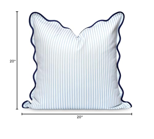 Hofdeco Premium Coastal Patio Indoor Outdoor Scalloped Throw Pillow Cover Only, 20"x20" Water Repellent for Backyard, Couch, Baby Blue Print Stripes