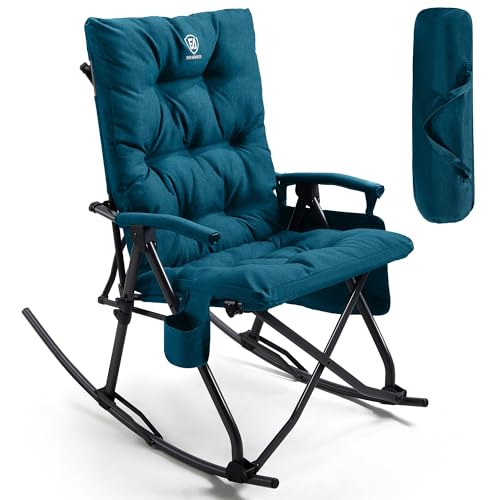 EVER ADVANCED Oversized Folding Rocking Camping Chair, Padded Portable Rocker Chair for Patio, Lawn and Outdoors, Heavy Duty Hard Armchair for Adults Supports 400lbs, Green