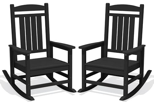 KINGYES Oversized Outdoor Rocking Chair Set of 2, High Density Polyethylene Patio Rocking Chairs with 350lbs Support for Adults,Porch Recliner Rocker, Black
