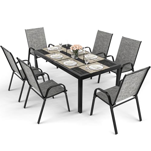 PATIOPIA 7-Piece Outdoor Dining Set, All Weather Patio Table and Chairs Set with Umbrella Hole for 6, Rectangular Steel Slat Table and 6 Textilene Chairs for Garden, Backyard, Poolside and Deck, Grey