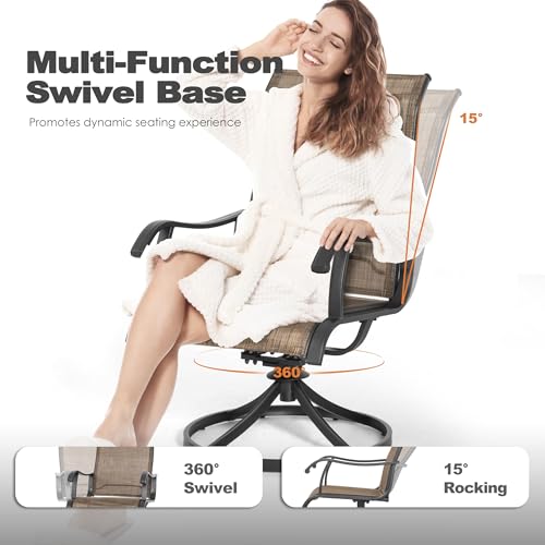 NUU GARDEN Patio Swivel Chair Set of 2, Outdoor Swivel Rocker Dining Chairs with All-Weather Textilene High Back and Metal Frame for Backyard Deck Lawn Garden, Brown